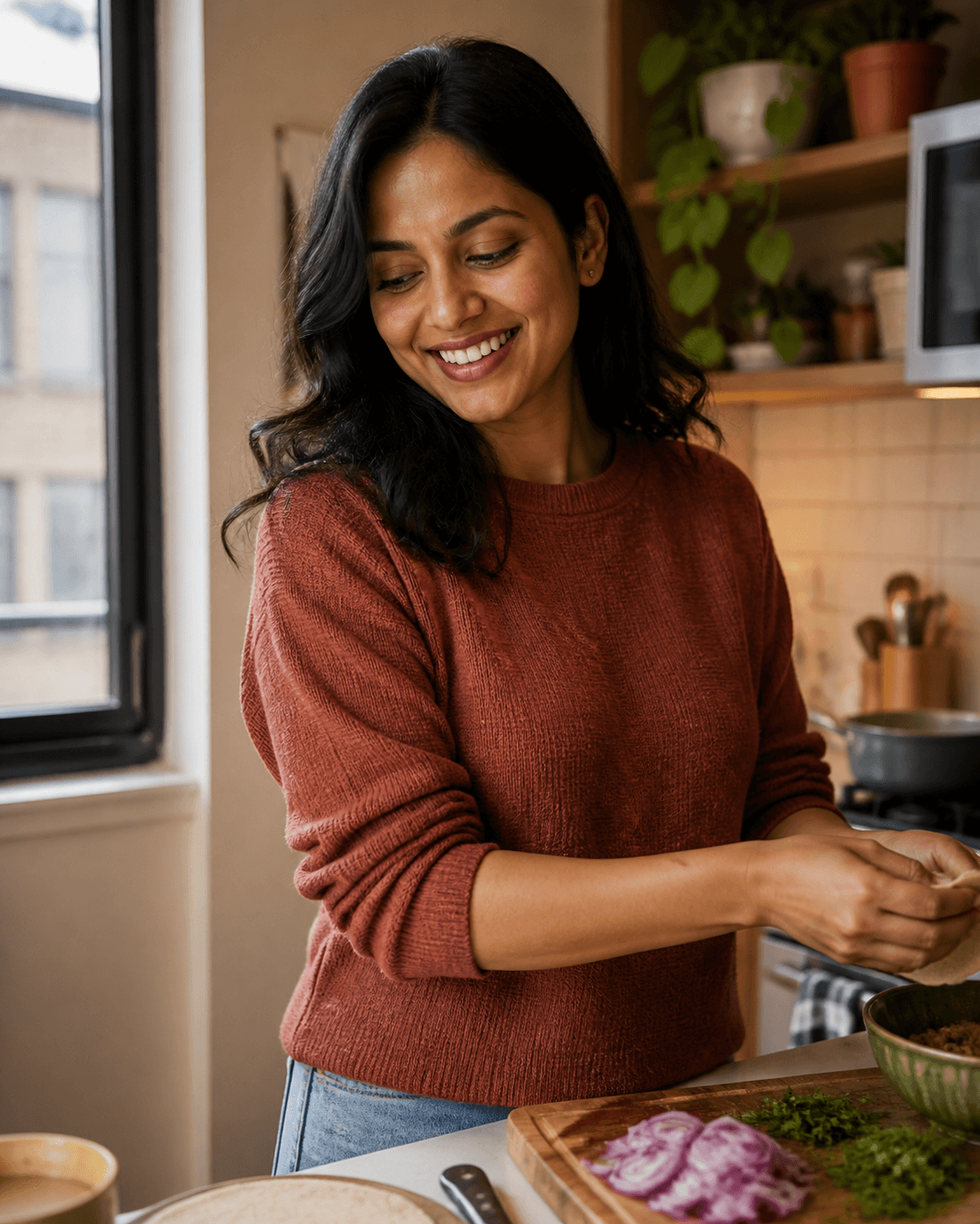 Anika smiling while cooking in her kitchen